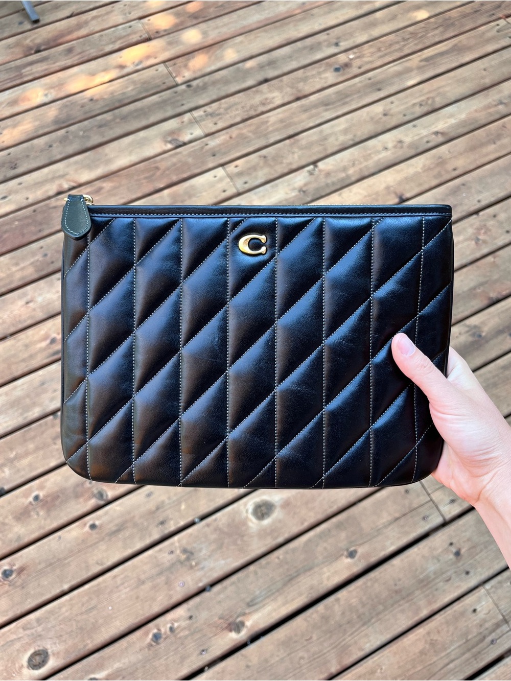 COACH Pouch 28 with Pillow Quilting Black Leather Gold Hardware